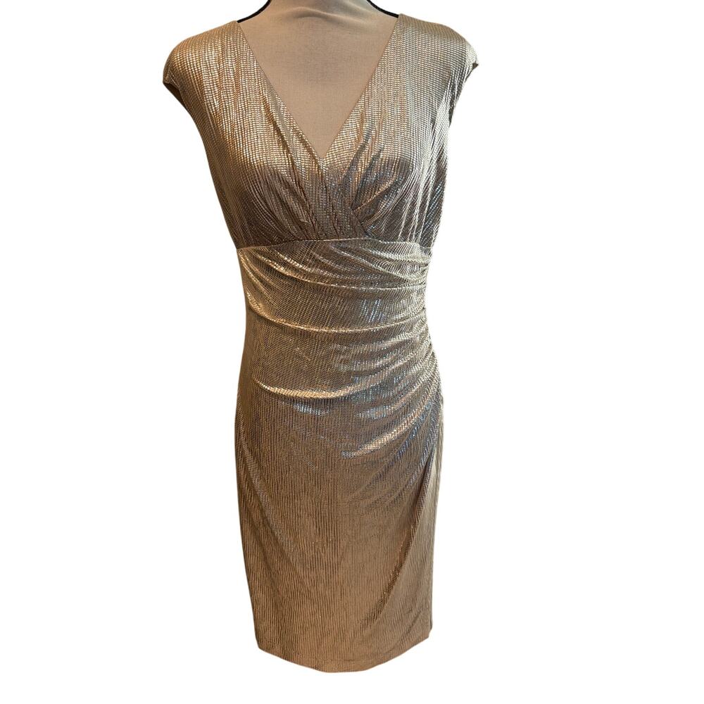 ⭐️ Women’s Ralph Lauren Gold Cocktail Dress Size 8 Wedding Guest Evening Shimmer